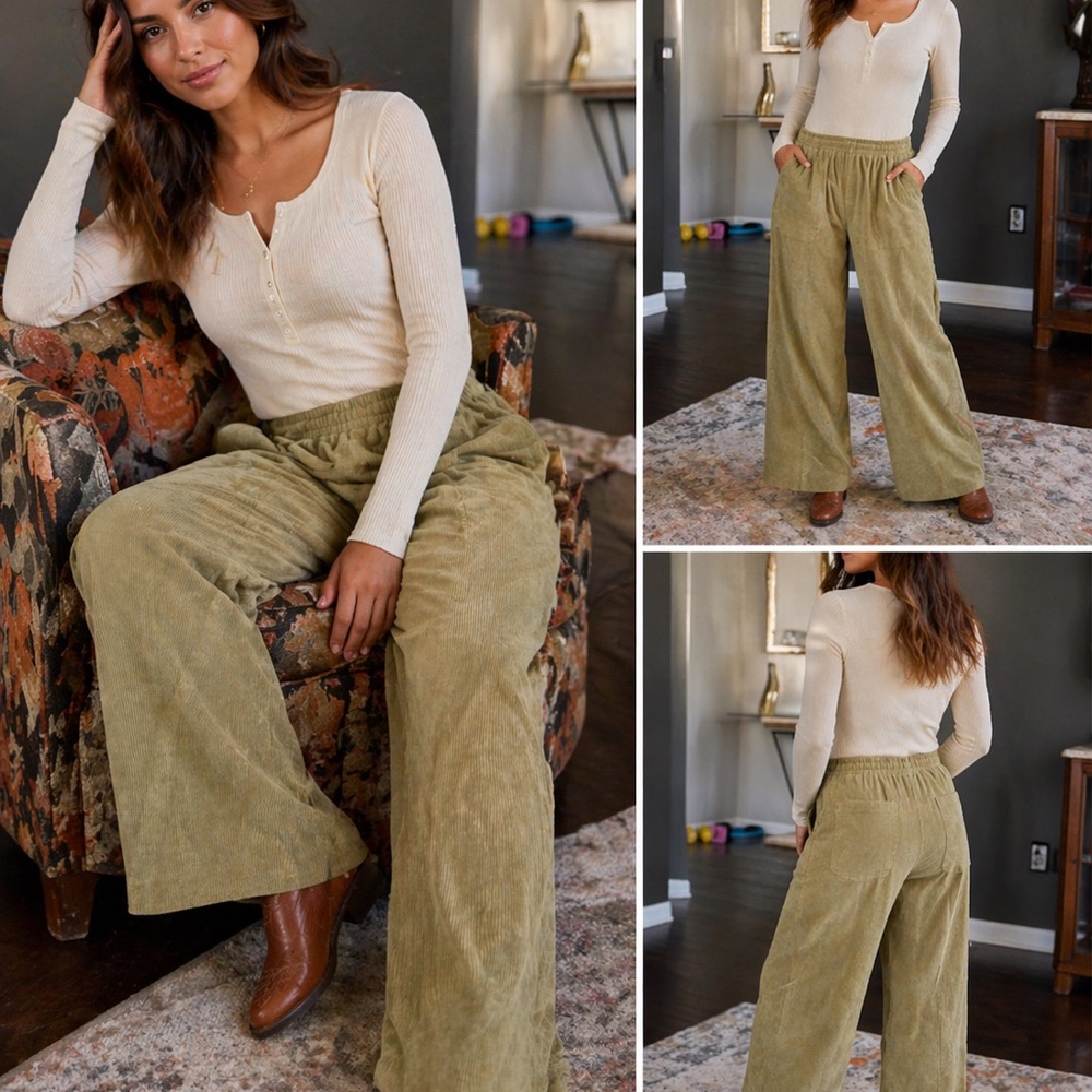 Casual Wide-Leg Corduroy Pants in Olive